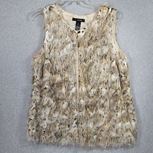 Ali Miles Animal Print Vest 1X Fringe Lined Hook & Eye Closure Browns Cream